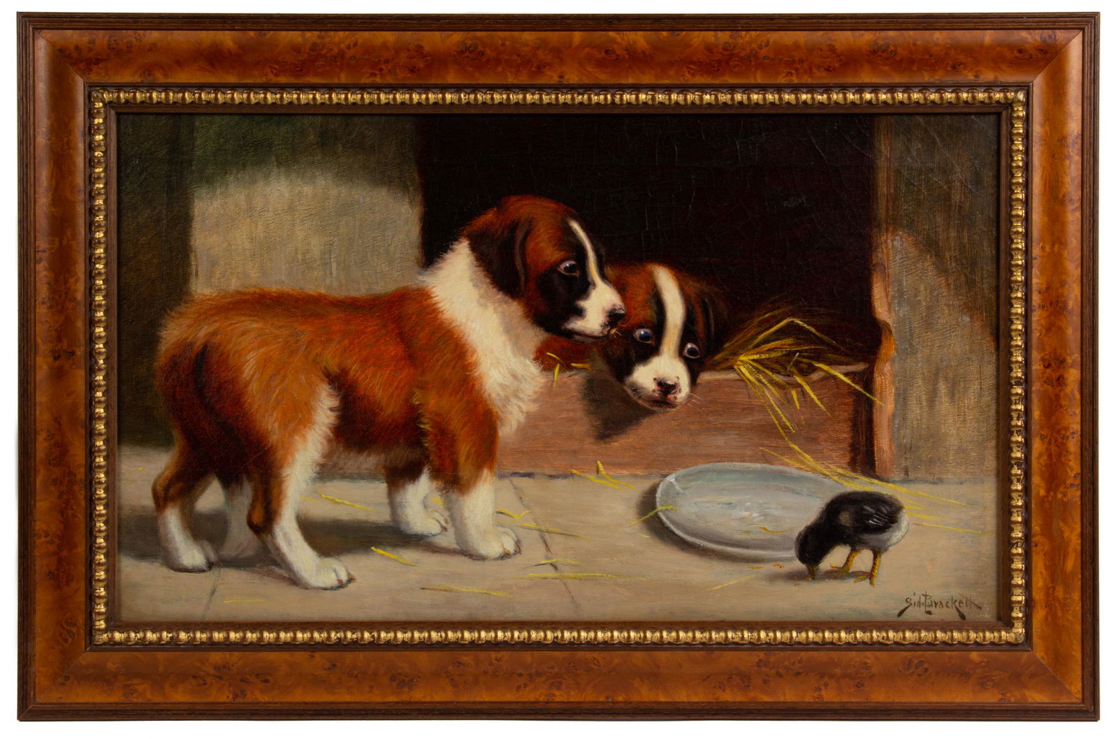SIDNEY LAWRENCE BRACKETT (AMERICAN, 1852-1910) GENRE SCENE WITH PUPPIES AND CHICK (1 of 5)