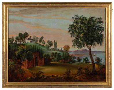 WILLIAM MATTHEW PRIOR (MAINE / MASSACHUSETTS, 1806-1873) FOLK ART LANDSCAPE WITH MOUNT VERNON AND: WILLIAM MATTHEW PRIOR (MAINE / MASSACHUSETTS, 1806-1873) FOLK ART LANDSCAPE WITH MOUNT VERNON AND WASHINGTON'S TOMB, oil on canvas, canvas bearing period stenciled mark verso "PAINTING GARRETT / No. 3