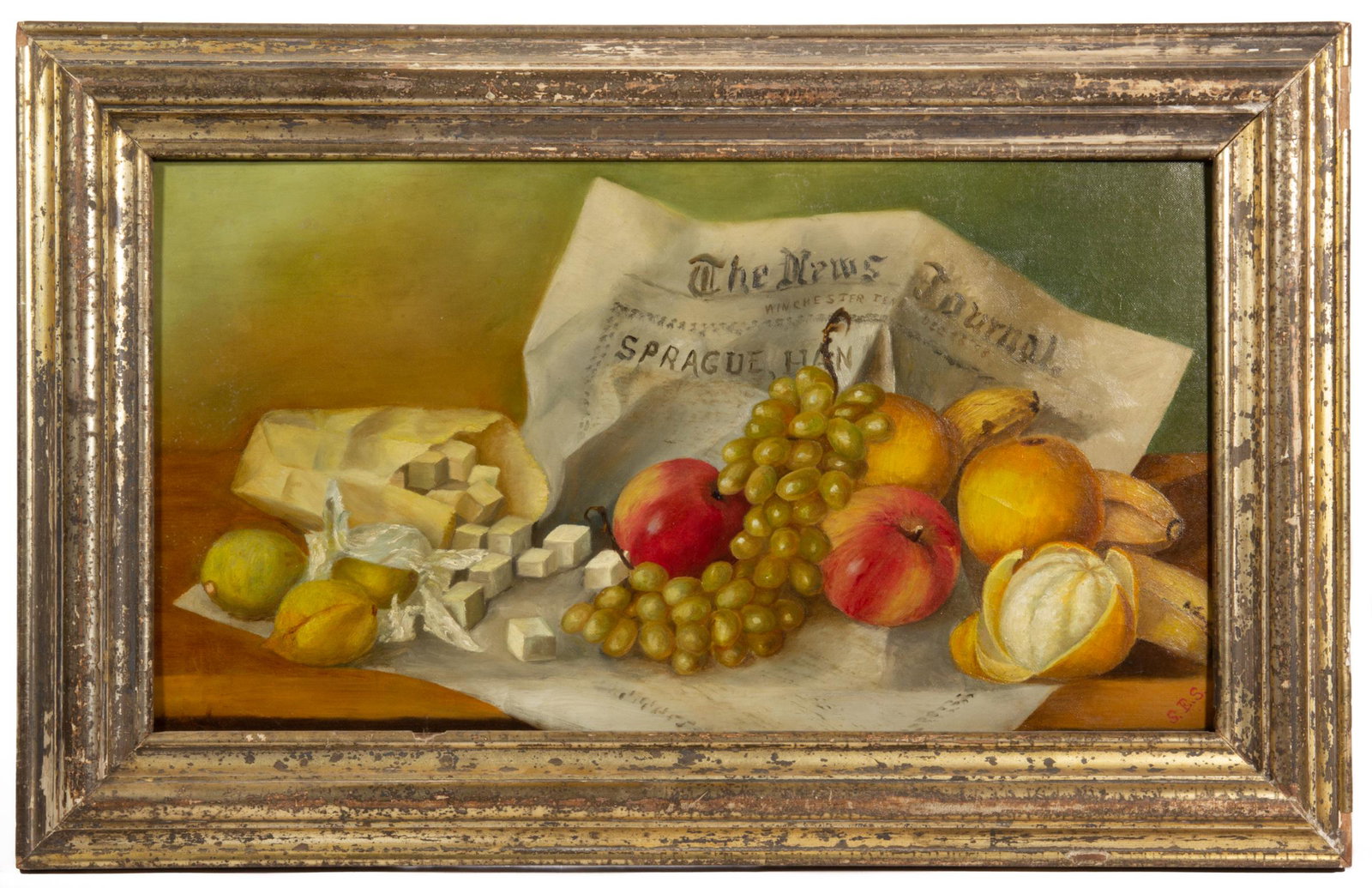 WINCHESTER, TENNESSEE FOLK ART STILL-LIFE PAINTING: WINCHESTER, TENNESSEE FOLK ART STILL-LIFE PAINTING, oil on board, depicting a charcuterie of cheese and fruits, possibly gifts from Christmas, laid out across "The News Journal / Winchester TENN DEC 2