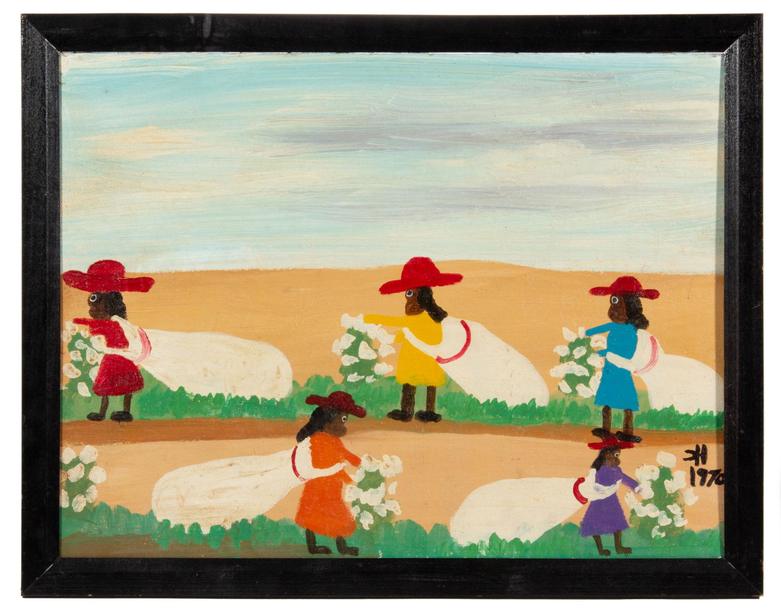 CLEMENTINE HUNTER (AMERICAN, 1887-1988) OUTSIDER ART "COTTON PICKERS" PAINTING (1 of 5)