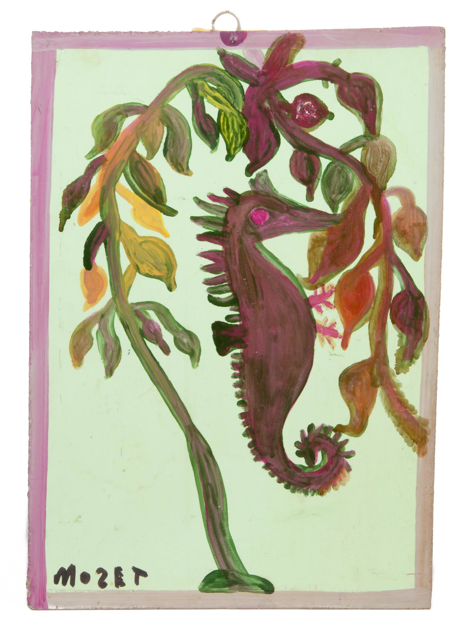 MOSE TOLLIVER (ALABAMA, 1920-2006), OUTSIDER ART PAINTING: MOSE TOLLIVER (ALABAMA, 1920-2006), OUTSIDER ART PAINTING, oil on linoleum panel, an early whimsical example, signed lower left, inscribed verso "Love Bird / Up In A / Chinese Rose". Retaining possibl