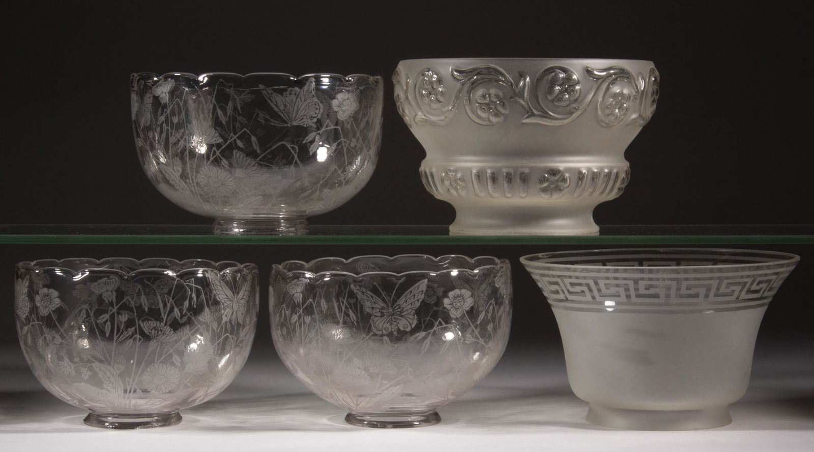 ASSORTED FROSTED AND COLORLESS GAS LAMP SHADES, LOT OF FIVE, (1 of 1)