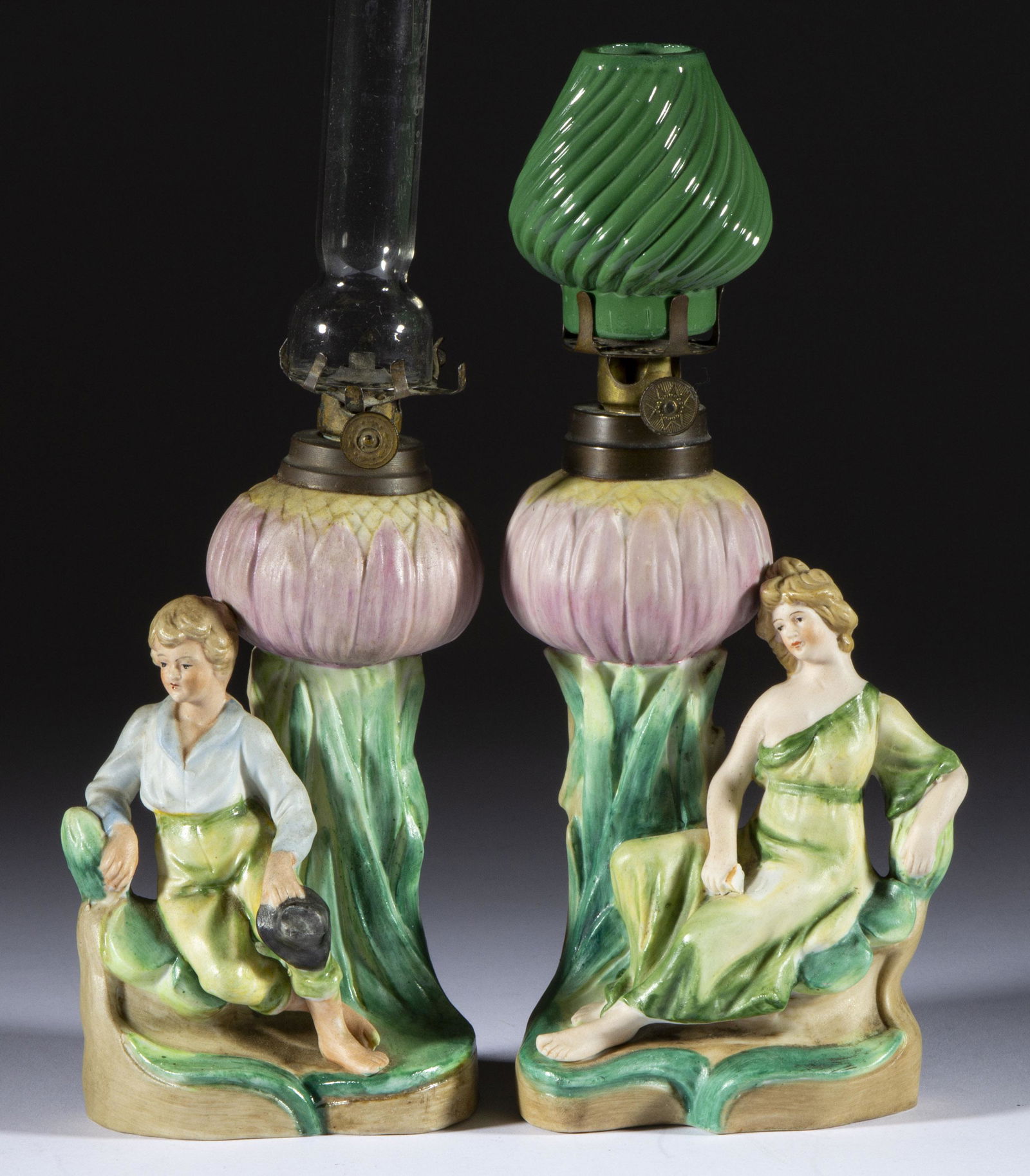 VICTORIAN CERAMIC FIGURAL MINIATURE LAMPS, SET OF TWO, (1 of 1)