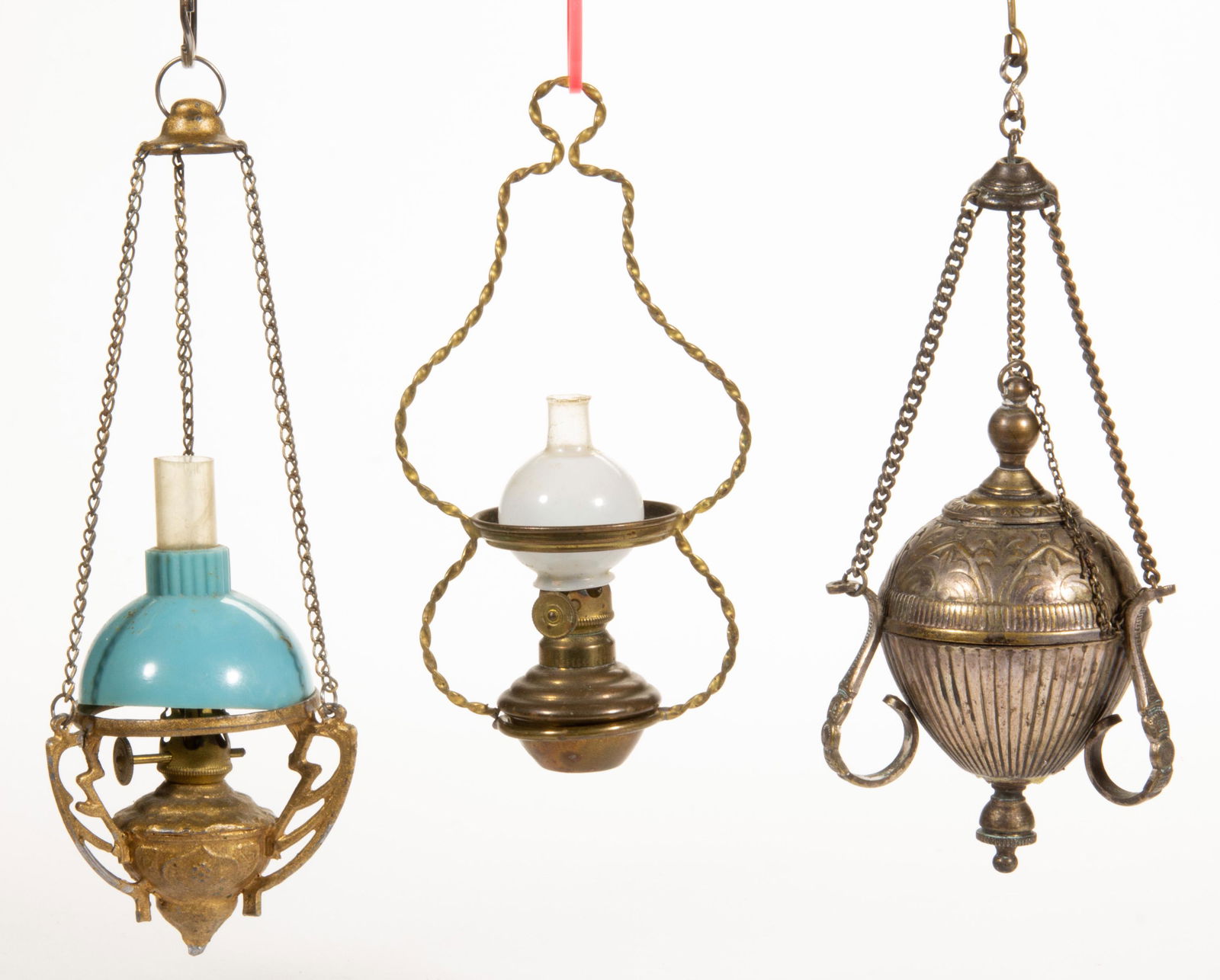 ASSORTED METAL HANGING MINIATURE DOLL HOUSE HANGING LAMPS, LOT OF THREE, (1 of 1)