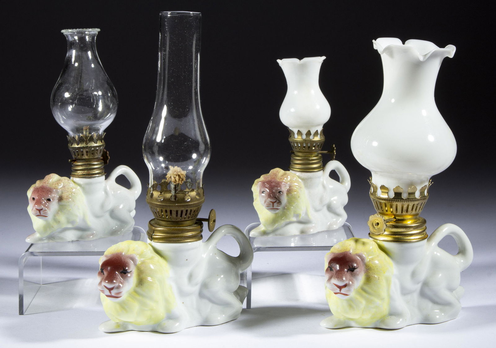 ASSORTED CERAMIC FIGURAL LION MINIATURE LAMPS, LOT OF FOUR, (1 of 1)