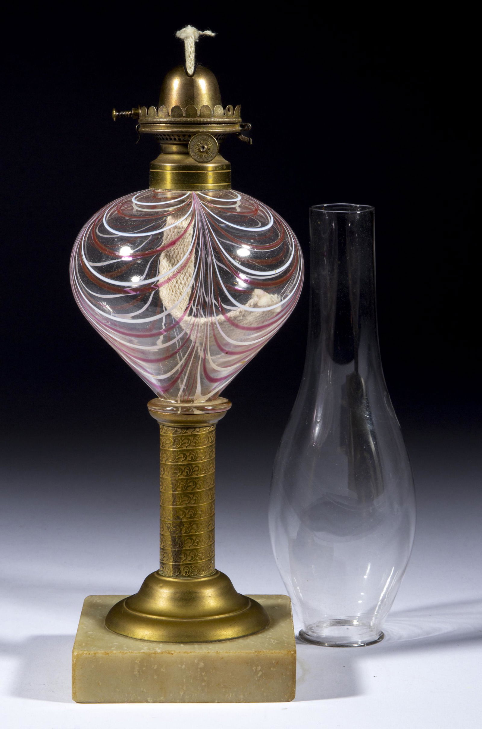 FREE-BLOWN MARBRIE LOOP KEROSENE STAND LAMP, (1 of 1)