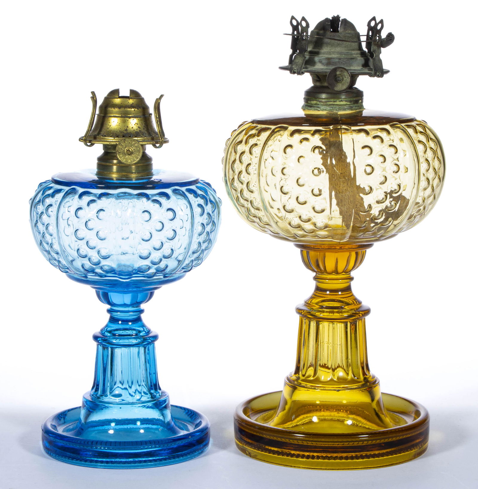 CENTRAL NO. 858 / DEWDROP AND PANEL / BEADED PANEL KEROSENE STAND LAMPS, LOT OF TWO, (1 of 1)