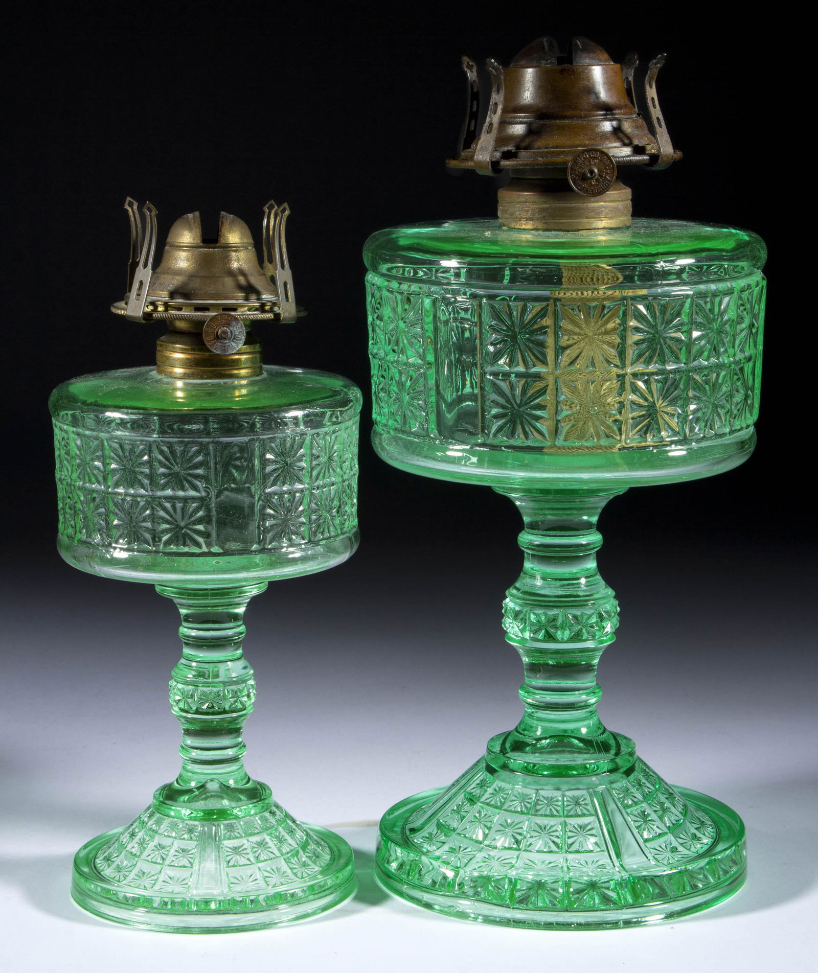 THREE PANELLED TWO PANEL KEROSENE STAND LAMPS, LOT OF TWO, (1 of 1)