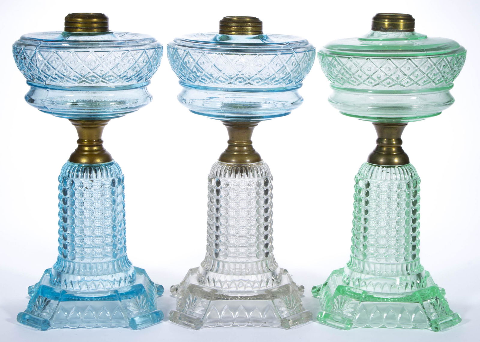 THOUSAND EYE WITH DIAMOND AND DOT FONT KEROSENE STAND LAMPS, LOT OF THREE, (1 of 1)