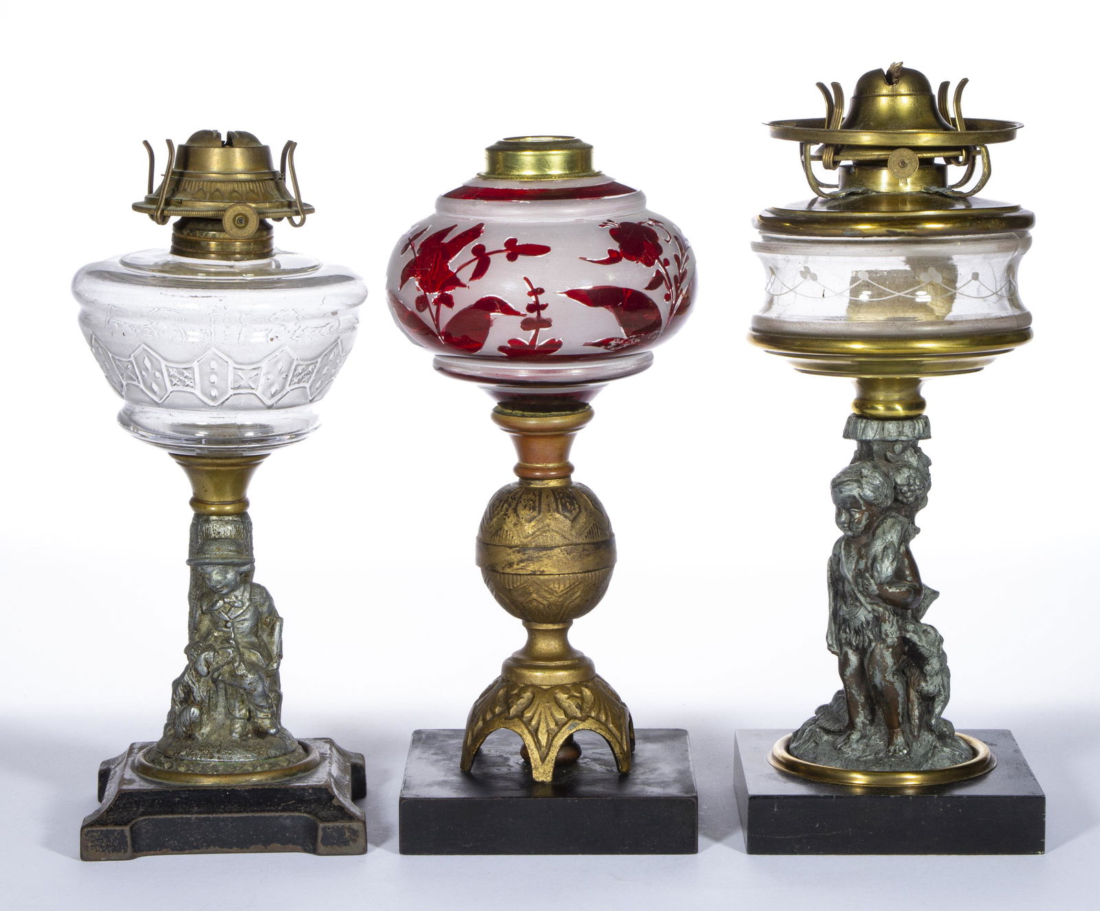 ASSORTED FIGURAL STEM KEROSENE STAND LAMPS, LOT OF THREE, (1 of 2)