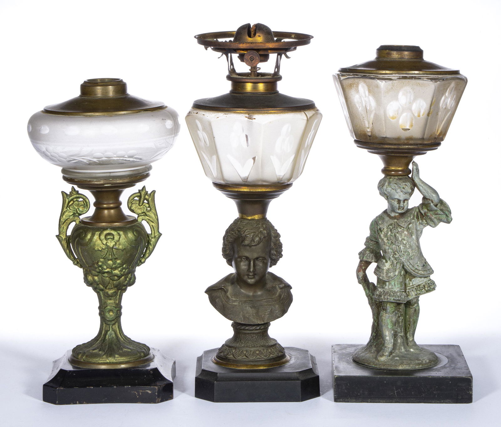ASSORTED CAST-METAL FIGURAL STEM KEROSENE STAND LAMPS, LOT OF THREE, (1 of 2)