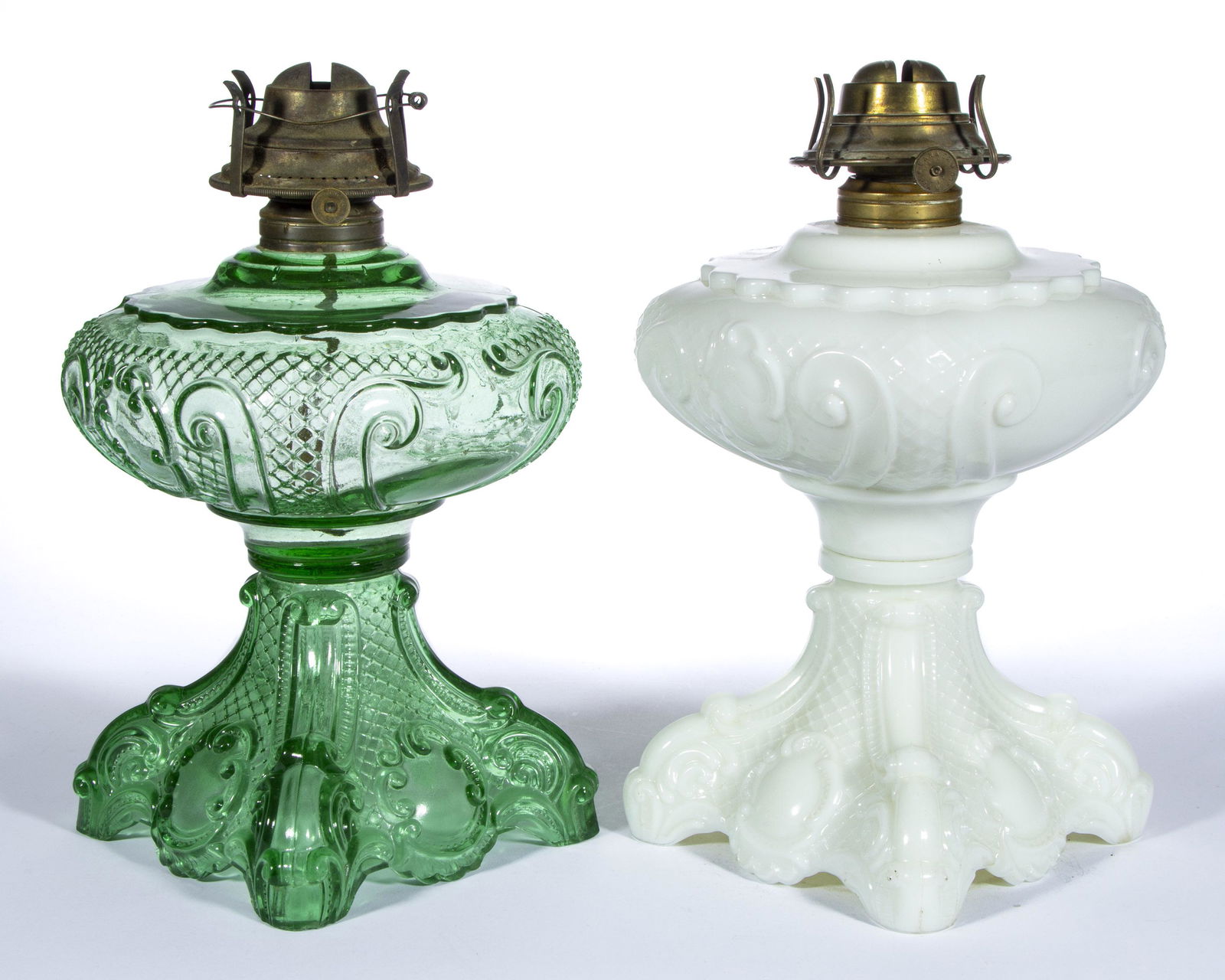 PRINCESS FEATHER MASSIVE-FONT KEROSENE STAND LAMPS, LOT OF TWO, (1 of 1)
