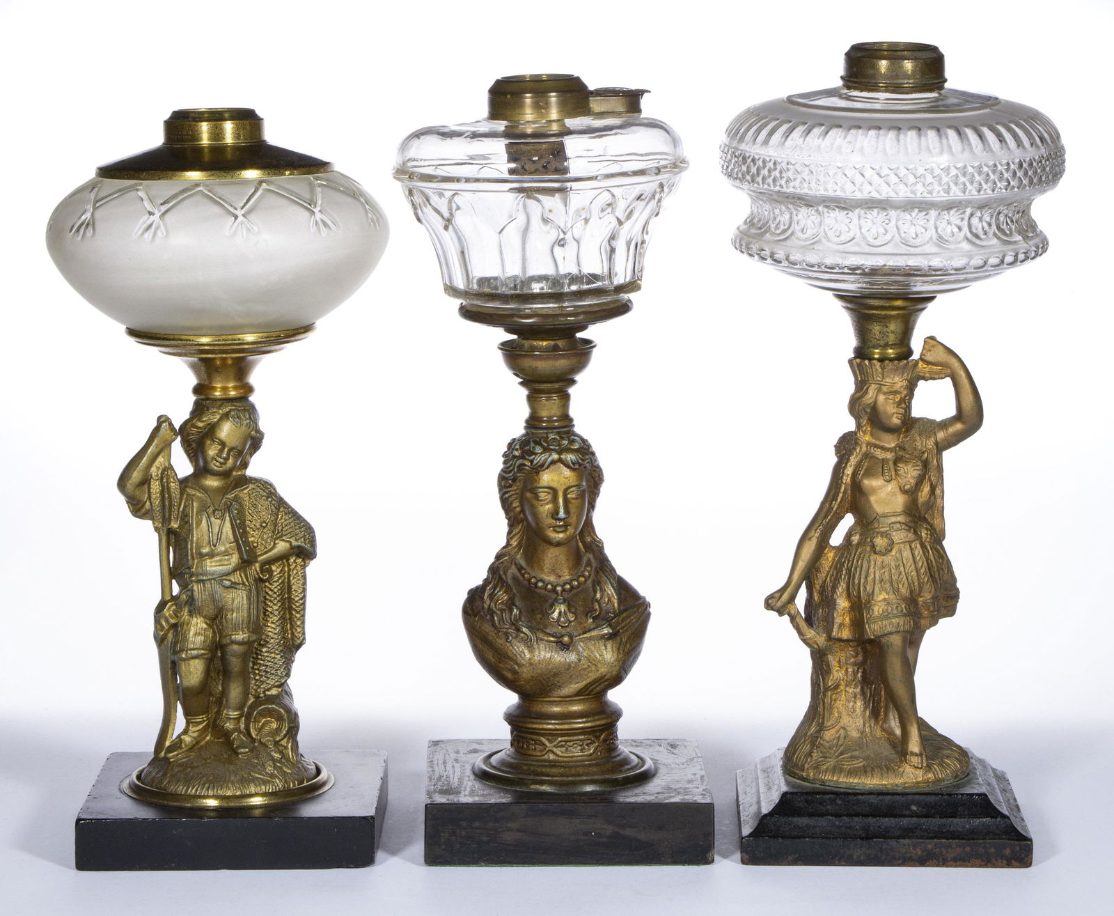 ASSORTED FIGURAL STEM KEROSENE STAND LAMPS, LOT OF THREE, (1 of 2)