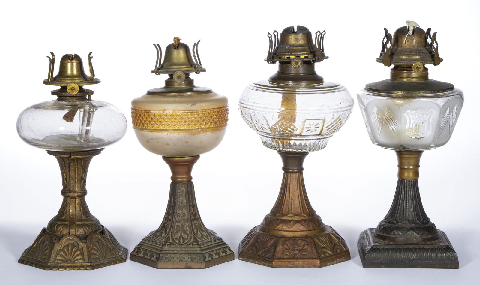 ASSORTED PATTERNED KEROSENE STAND LAMPS, LOT OF FOUR, (1 of 1)