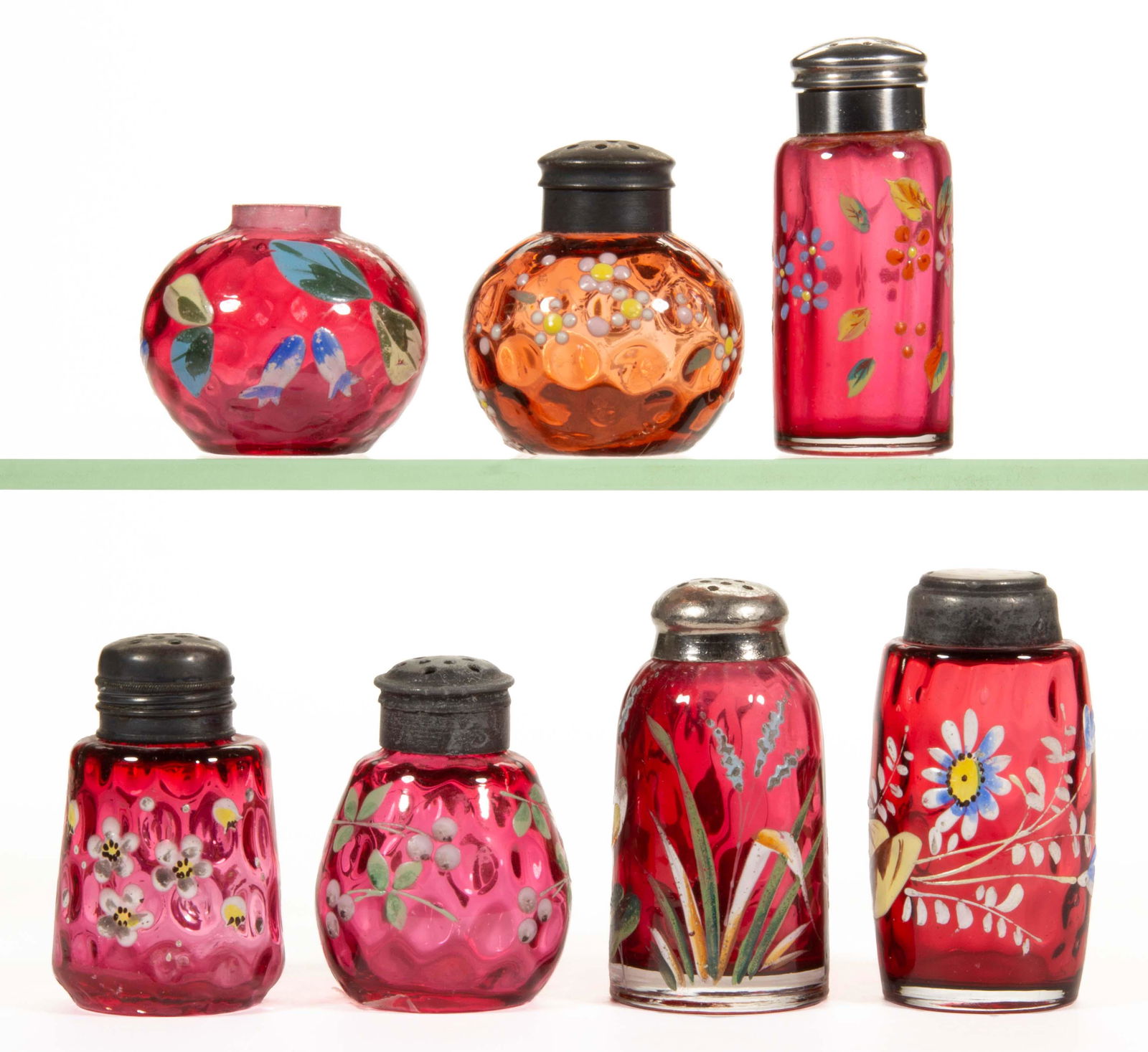 VICTORIAN OPTIC ENAMEL-DECORATED SALT AND PEPPER SHAKERS, LOT OF SEVEN, (1 of 1)