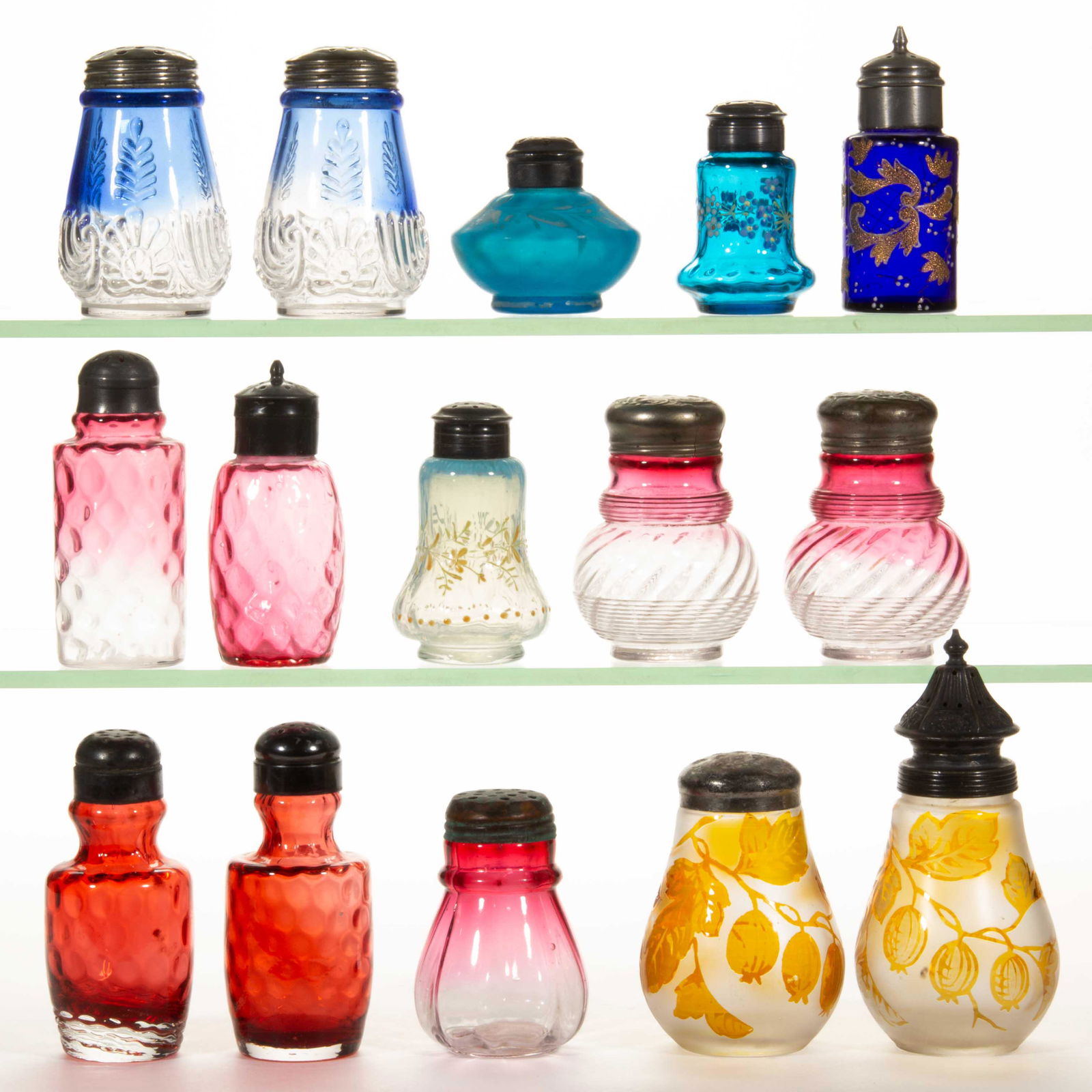 ASSORTED VICTORIAN GLASS SALT AND PEPPER SHAKERS, LOT OF 15, (1 of 1)