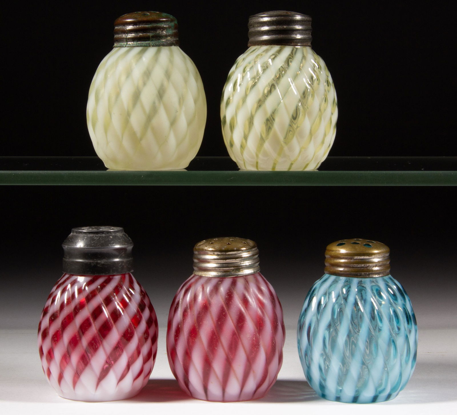 REVERSE SWIRL OPALESCENT GLASS SALT AND PEPPER SHAKERS, LOT OF FIVE, (1 of 1)