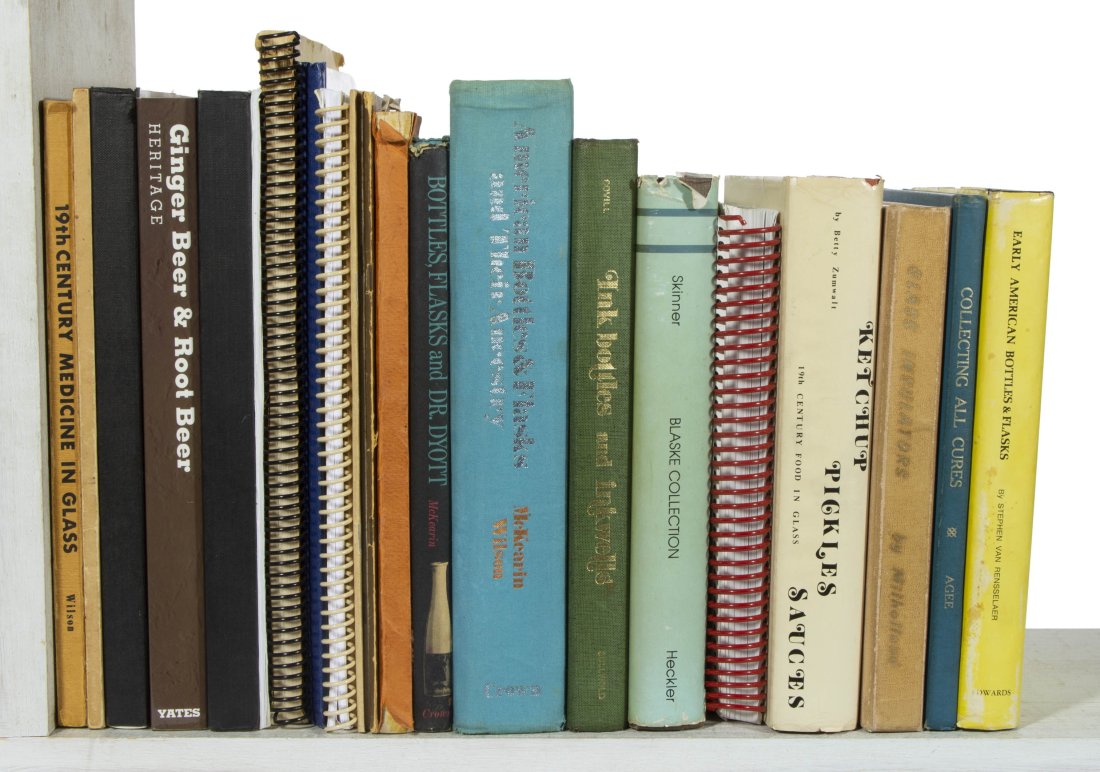 ASSORTED GLASS REFERENCE VOLUMES, LOT OF 24,: ASSORTED GLASS REFERENCE VOLUMES, LOT OF 24, including McKearins/Wilson, "American Bottles & Flaks and Their Ancestry"; Heckler, "American Historical Flasks"; Covill, "Ink Bottles and Inkwells"; and Z