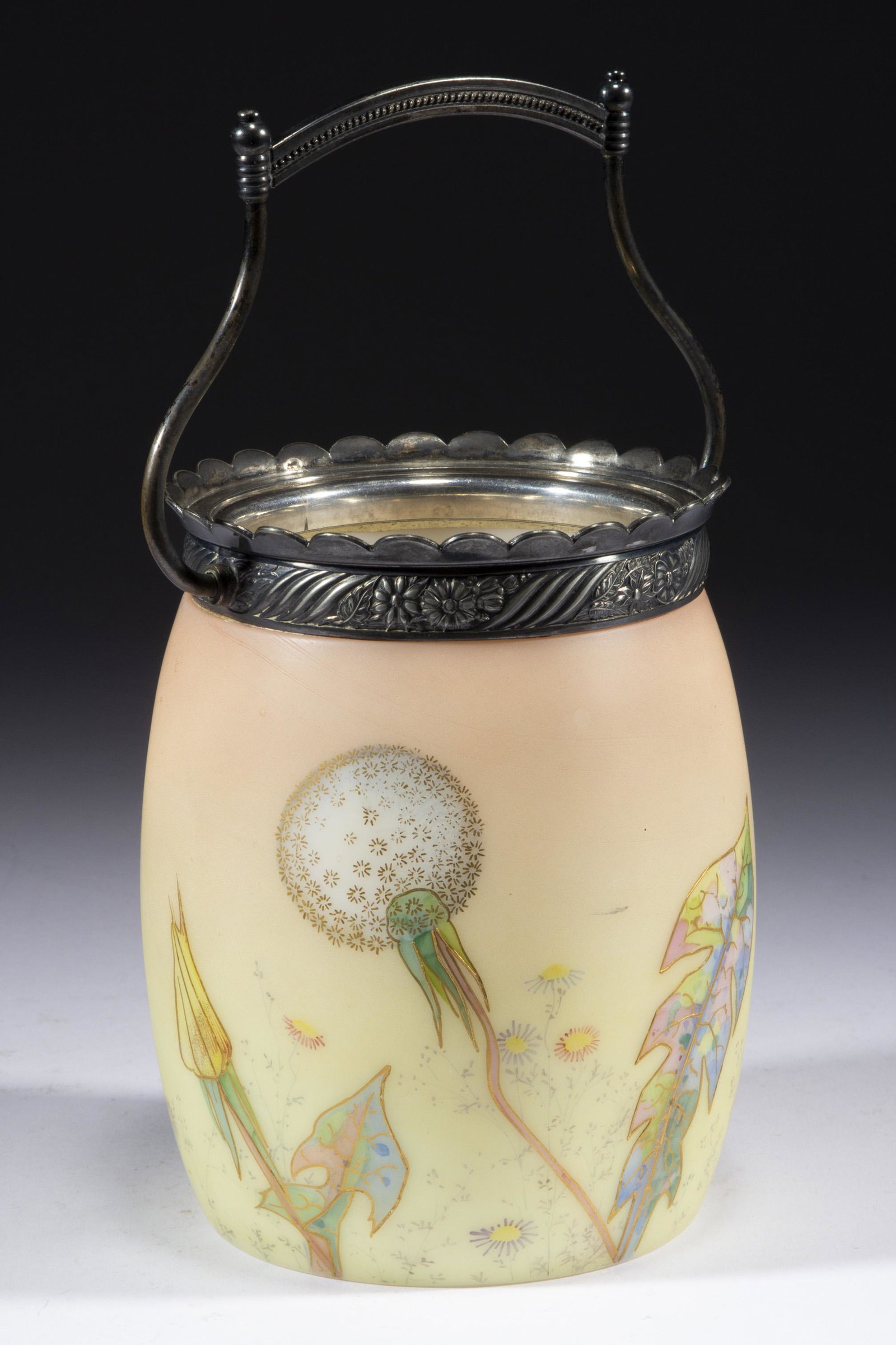 MT. WASHINGTON FIRED-ON BURMESE FLOWERS BISCUIT/CRACKER JAR,: MT. WASHINGTON FIRED-ON BURMESE FLOWERS BISCUIT/CRACKER JAR, opaque white with a fired-on Burmese ground, ovoid form, decoration featuring a variety of flowers including a Dandelion and multi-colored 