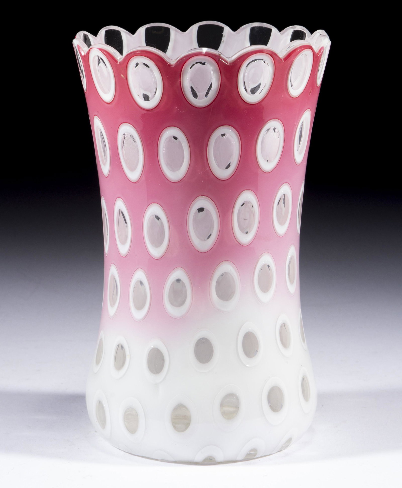 OVERLAY WINDOWS GLASS CELERY VASE,: OVERLAY WINDOWS GLASS CELERY VASE, rose shaded to opal, cased colorless, slightly waisted cylindrical form, scalloped rim. Harrach, Bohemia, now Czech Republic. Fourth quarter 19th century. 6 3/4" H, 