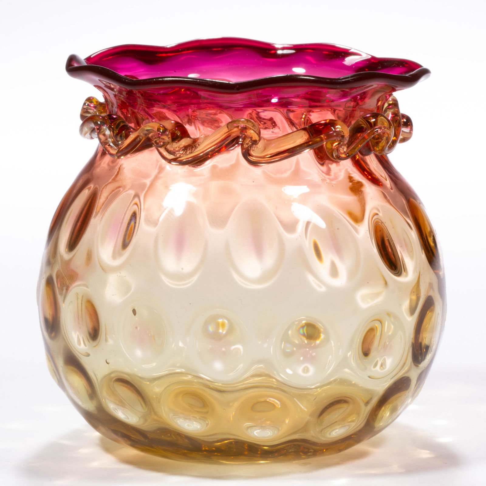 MT. WASHINGTON SPOT-OPTIC ROSE AMBER (OMN) / AMBERINA TOOTHPICK HOLDER,: MT. WASHINGTON SPOT-OPTIC ROSE AMBER (OMN) / AMBERINA TOOTHPICK HOLDER, Alexandrite at the rim, globular form with an applied rigaree ring at the neck, polished pontil mark. Mt. Washington Glass Co. 1