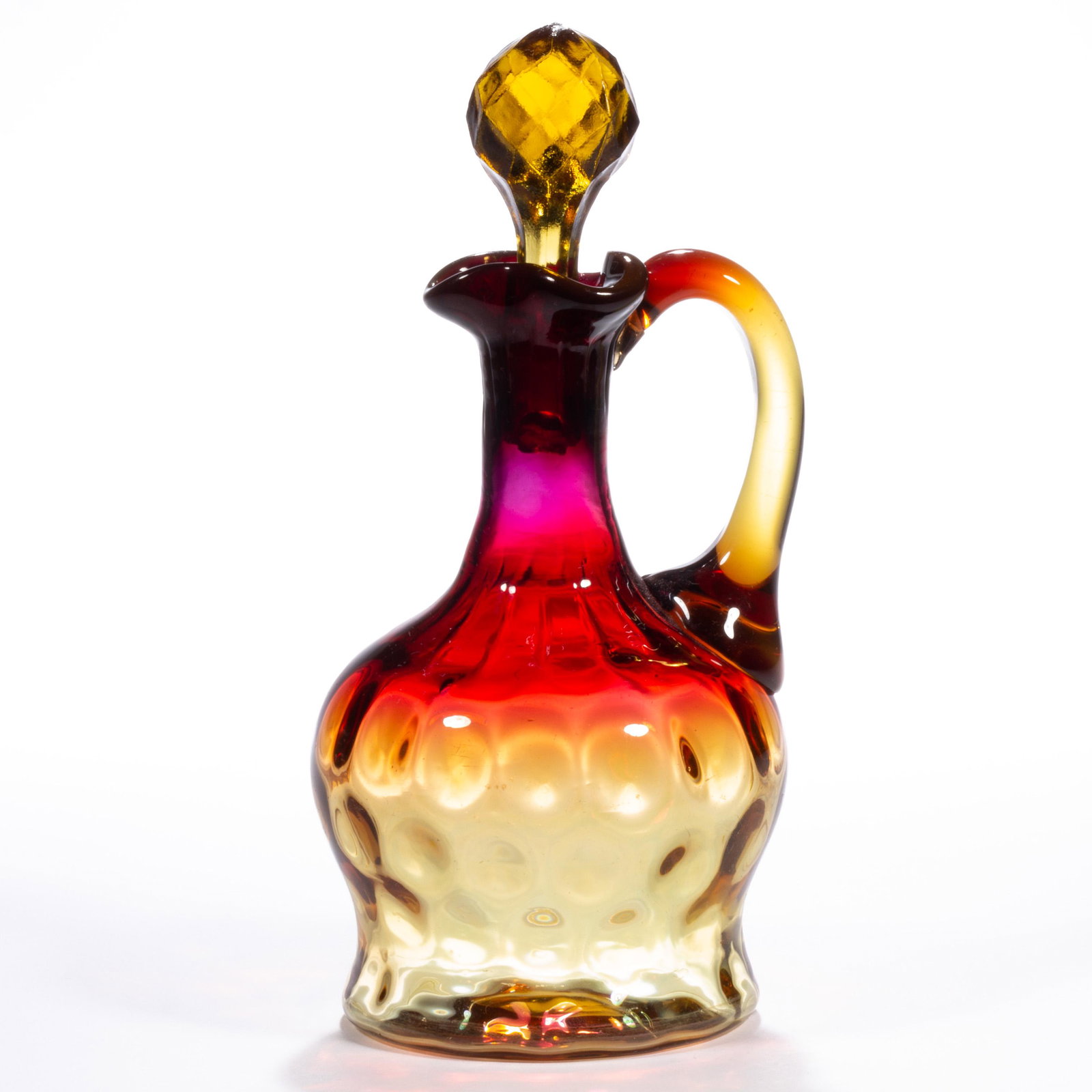 MT. WASHINGTON SPOT-OPTIC ROSE AMBER (OMN) / AMBERINA CRUET,: MT. WASHINGTON SPOT-OPTIC ROSE AMBER (OMN) / AMBERINA CRUET, strong coloring with alexandrite throughout the neck, unusual inverted thistle form with an applied Rose Amber handle, correct amber presse
