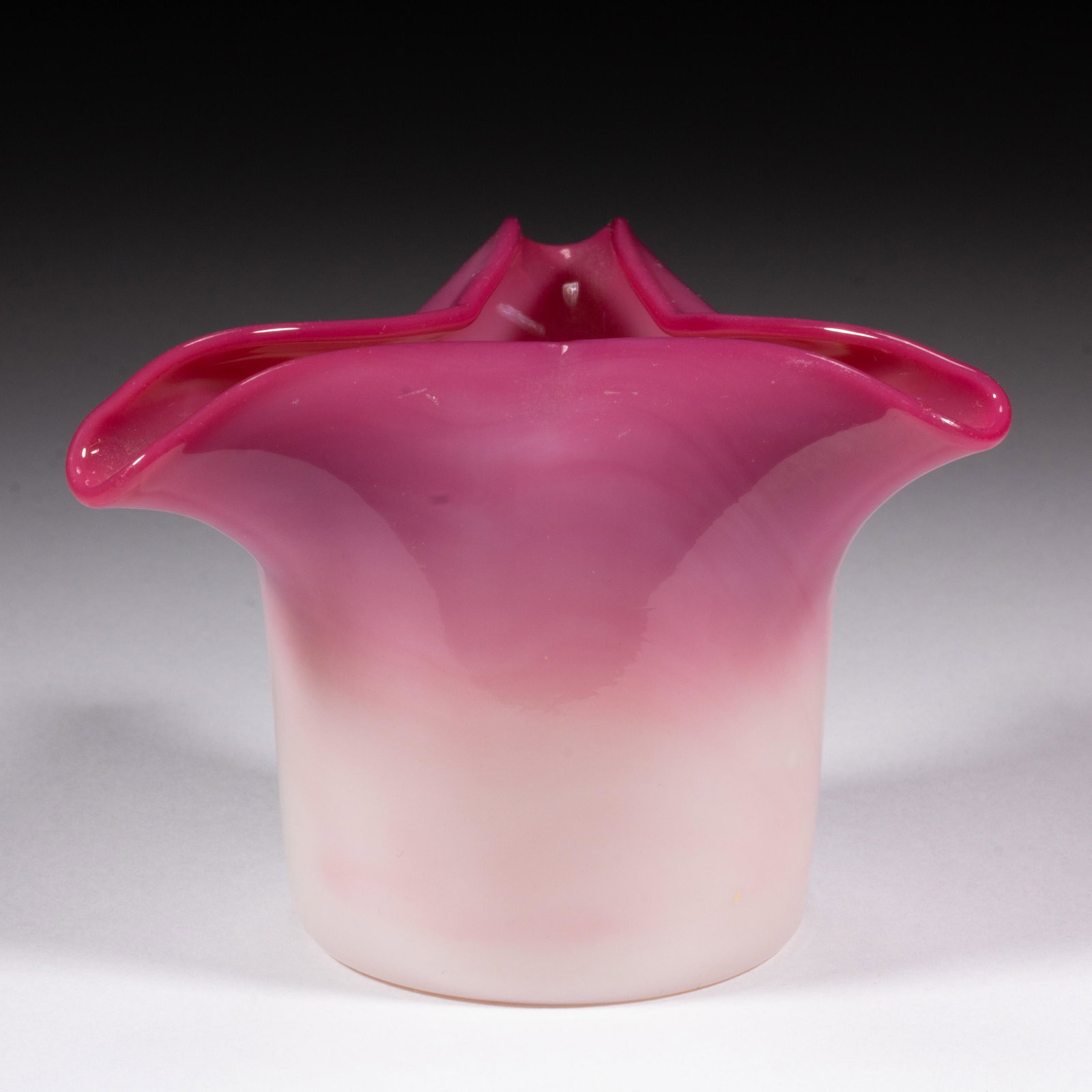 NEW ENGLAND PEACHBLOW TRI-CORNER TOOTHPICK HOLDER,: NEW ENGLAND PEACHBLOW TRI-CORNER TOOTHPICK HOLDER, glossy, polished pontil mark. New England Glass Co. Fourth quarter 19th century. 2 1/4" H, 3" DOA.Provenance: From the collection of Peter Thrall, St