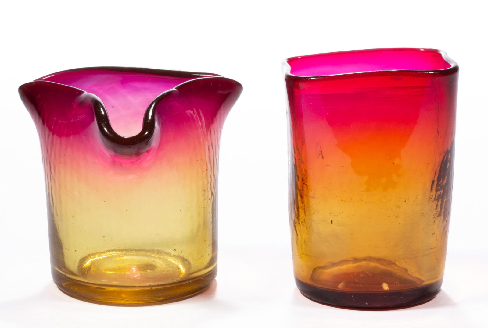 AMBERINA VENETIAN DIAMOND TOOTHPICK HOLDERS, LOT OF TWO,: AMBERINA VENETIAN DIAMOND TOOTHPICK HOLDERS, LOT OF TWO, tri-form having Alexandrite coloring at the rim, comprising a square form and a tri-form example, each having a polished pontil mark. New Engla