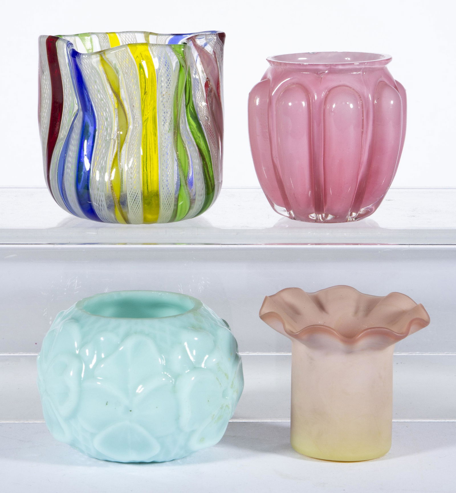 ASSORTED GLASS TOOTHPICK HOLDERS, LOT OF FOUR,: ASSORTED GLASS TOOTHPICK HOLDERS, LOT OF FOUR, comprising a Murano Twisted Ribbon, an opaque blue Pansy, a cased pink Bulging Loops, and a Murano Burmese. Various makers. 20th century. 2 1/8" to 2 3/4