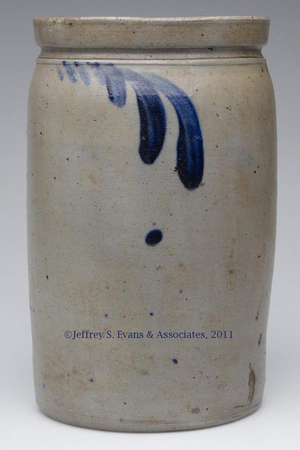 BALTIMORE, MD DECORATED STONEWARE JAR: BALTIMORE, MD DECORATED STONEWARE JAR, salt glazed, "1 1/2" gallon capacity stamp, cylindrical form with squared rim, simple brushed cobalt decoration. Second half 19th century. 12" H, 7" D rim. Prove