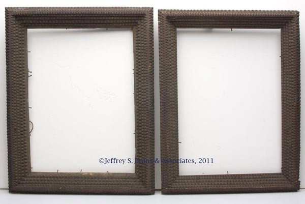 NEAR PAIR OF AMERICAN CARVED TRAMP ART PICTURE FRA: NEAR PAIR OF AMERICAN CARVED TRAMP ART PICTURE FRAMES, comprising an example with eight total steps and an example with seven total steps and an interior gilt liner. Fourth quarter 19th century. 19" x