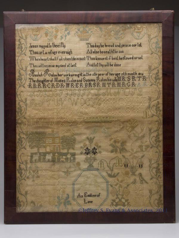 BEULAH RULON, 1816 NEW JERSEY NEEDLEWORK PICTORIAL: BEULAH RULON, 1816 NEW JERSEY NEEDLEWORK PICTORIAL SAMPLER, silk on linen, two four-line verses above a small row of ABCs and "Beulah Rulon her work wrought in the 11th year of her age 11th month 1816