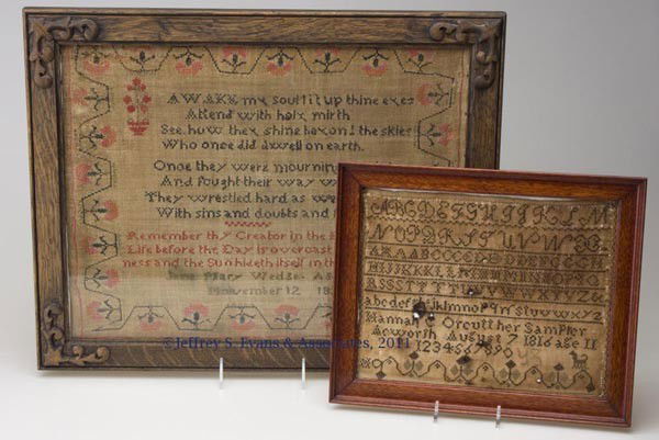 TWO NEEDLEWORK SAMPLERS: TWO NEEDLEWORK SAMPLERS, silk on linen, small example inscribed "Hannah C. Orcutt her Sampler / Acworth August 7 1816 age 11", the larger example inscribed "Jane Mary Wedge Aged 14 / November 12 1823"