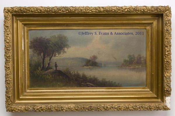 HUDSON RIVER SCHOOL LANDSCAPE PAINTING: HUDSON RIVER SCHOOL LANDSCAPE PAINTING, oil on artist board, fall lake scene with fisherman and sailboat, not signed. Period gold painted frame probably original. Second half 19th century. 16" x 25" O