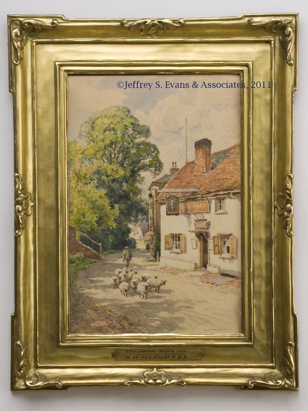 ERNEST WILLIAM HASLEHURST R.B.A. (BRITISH, 1866-19: ERNEST WILLIAM HASLEHURST R.B.A. (BRITISH, 1866-1949) "THE LEATHER BOTTLE INN (IMMORTALIZED BY DICKENS)", watercolor on paper, depicting a shepherd and his ship passing the inn, signed "E. W. Haslehur