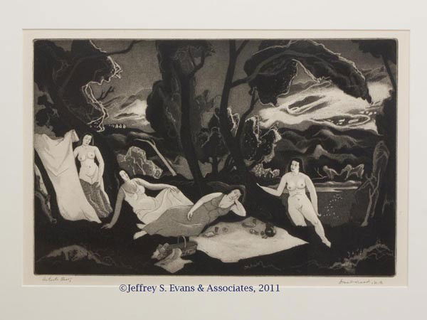DOEL REED (AMERICAN, 1894-1985) "THE BATHERS" PRIN: DOEL REED (AMERICAN, 1894-1985) "THE BATHERS" PRINT, aquatint on paper, artist proof accompanying an edition of 25, signed in pencil "Artist Proof" and "Doel Reed, n. a." in lower margin. Modern frame