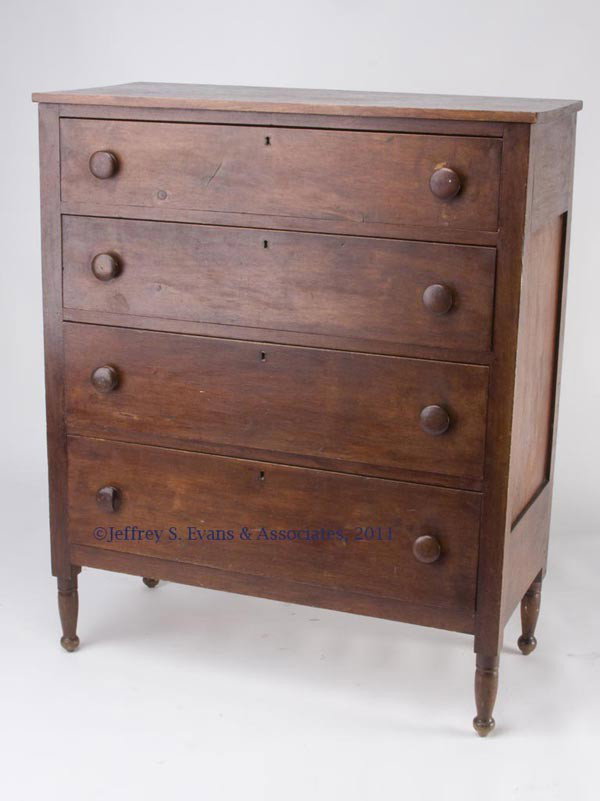 SHENANDOAH VALLEY OF VA SHERATON WALNUT CHEST OF D: SHENANDOAH VALLEY OF VA SHERATON WALNUT CHEST OF DRAWERS, rectangular top above four graduated drawers, raised on delicate turned feet. Yellow pine secondary wood, original wooden knobs. Excellent his