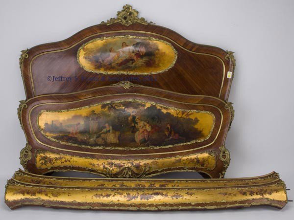 ORNATE FRENCH ROCOCO VERNIS MARTIN STYLE BED: ORNATE FRENCH ROCOCO VERNIS MARTIN STYLE BED, featuring gilt-bronze mounts and painted scenes on headboard and footboard, painted ornamentation and mounts on side rails also. Scenes signed "Ch. Olivie