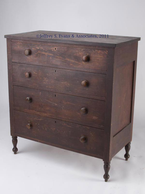 VIRGINIA SHERATON WALNUT CHEST OF DRAWERS: VIRGINIA SHERATON WALNUT CHEST OF DRAWERS, rectangular top above four graduated drawers, raised on well-turned feet. Pine and poplar secondary woods. Outstanding original dry varnished surface. Second