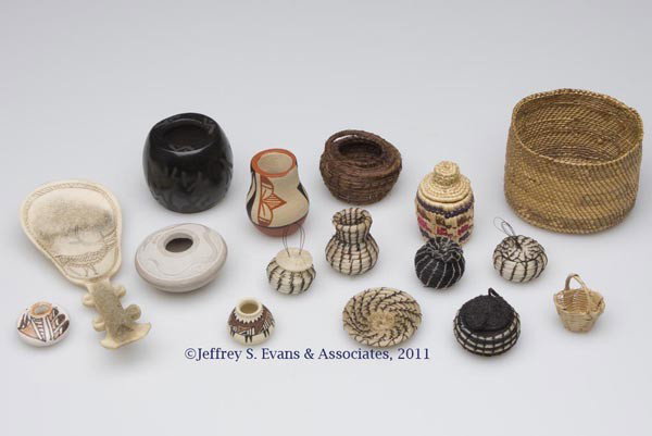 ASSORTED NATIVE AMERICAN MINIATURES, LOT OF 16: ASSORTED NATIVE AMERICAN MINIATURES, LOT OF 16, including pottery, baskets, and bone, one basket by Carol Hoelscher. 20th century. Large basket 1 5/8" H. Provenance: From a Winchester, VA estate colle