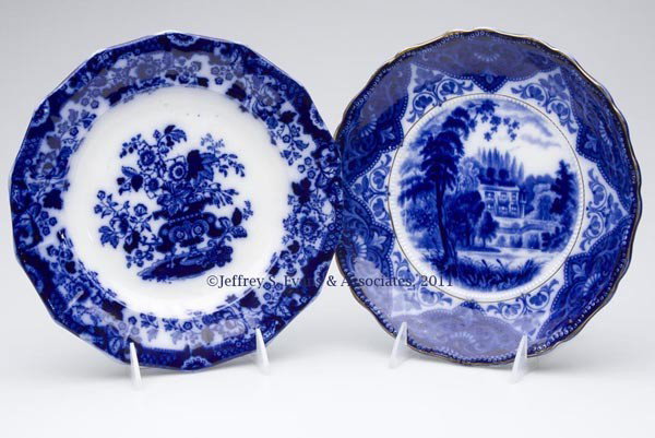 ENGLISH STAFFORDSHIRE TRANSFERWARE FLOW BLUE PLATE: ENGLISH STAFFORDSHIRE TRANSFERWARE FLOW BLUE PLATES, LOT OF TWO, one with gilt decoration, each with trademark under base, one bearing the name "RUSKIN", by Ford and Sons; the other "INDIAN STONE", by