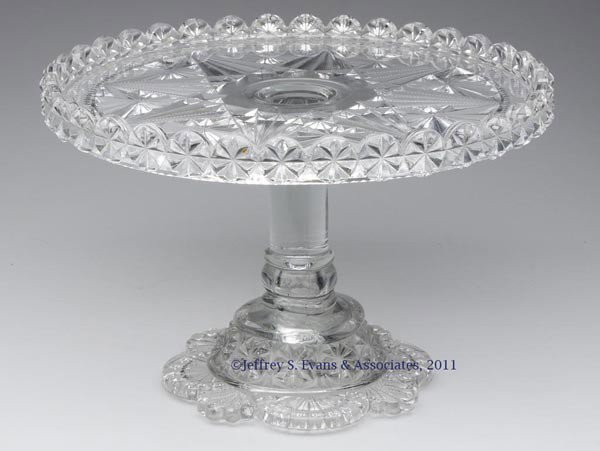 GLOBE AND STAR CAKE STAND: GLOBE AND STAR CAKE STAND, colorless, two-part construction. Fourth quarter 19th century. 7" HOA, 10 3/8" D.