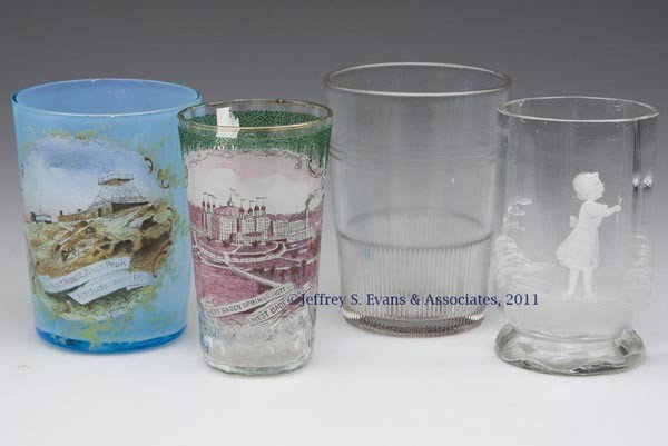 VICTORIAN SOUVENIR AND OTHER TUMBLERS, LOT OF FOUR: VICTORIAN SOUVENIR AND OTHER TUMBLERS, LOT OF FOUR, various colors, comprising two souvenir examples, a Flaccus advertising tumbler, and a Mary Gregory (So Called) decorated example. Late 19th/early 2
