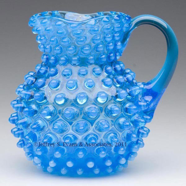 HOBBS' NO. 323 DEW DROP / HOBBS' HOBNAIL NO. 1 JUG: HOBBS' NO. 323 DEW DROP / HOBBS' HOBNAIL NO. 1 JUG / WATER PITCHER, Sapphire/blue with light opalescence, transparent blue applied handle, polished pontil mark. Hobbs, Brockunier & Co. Fourth quarter 