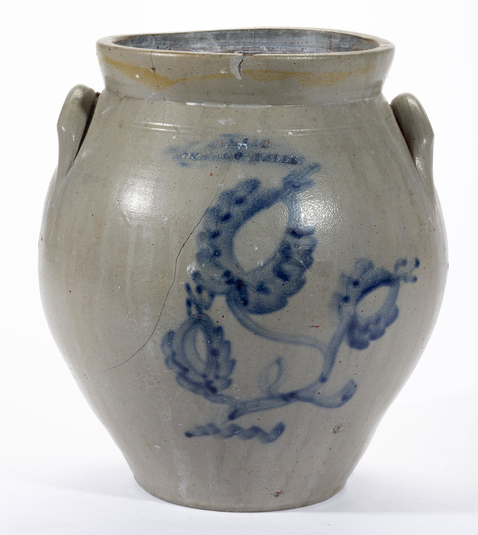 STAMPED "S. HART / OSWEGO FALLS", NEW YORK DECORATED STONEWARE,: salt-glazed, approximately two-gallon capacity, ovoid wide-mouth form with slightly flared plain rim, light double incised shoulder rings, applied arched handles, and Albany-slip glazed interior. Brus