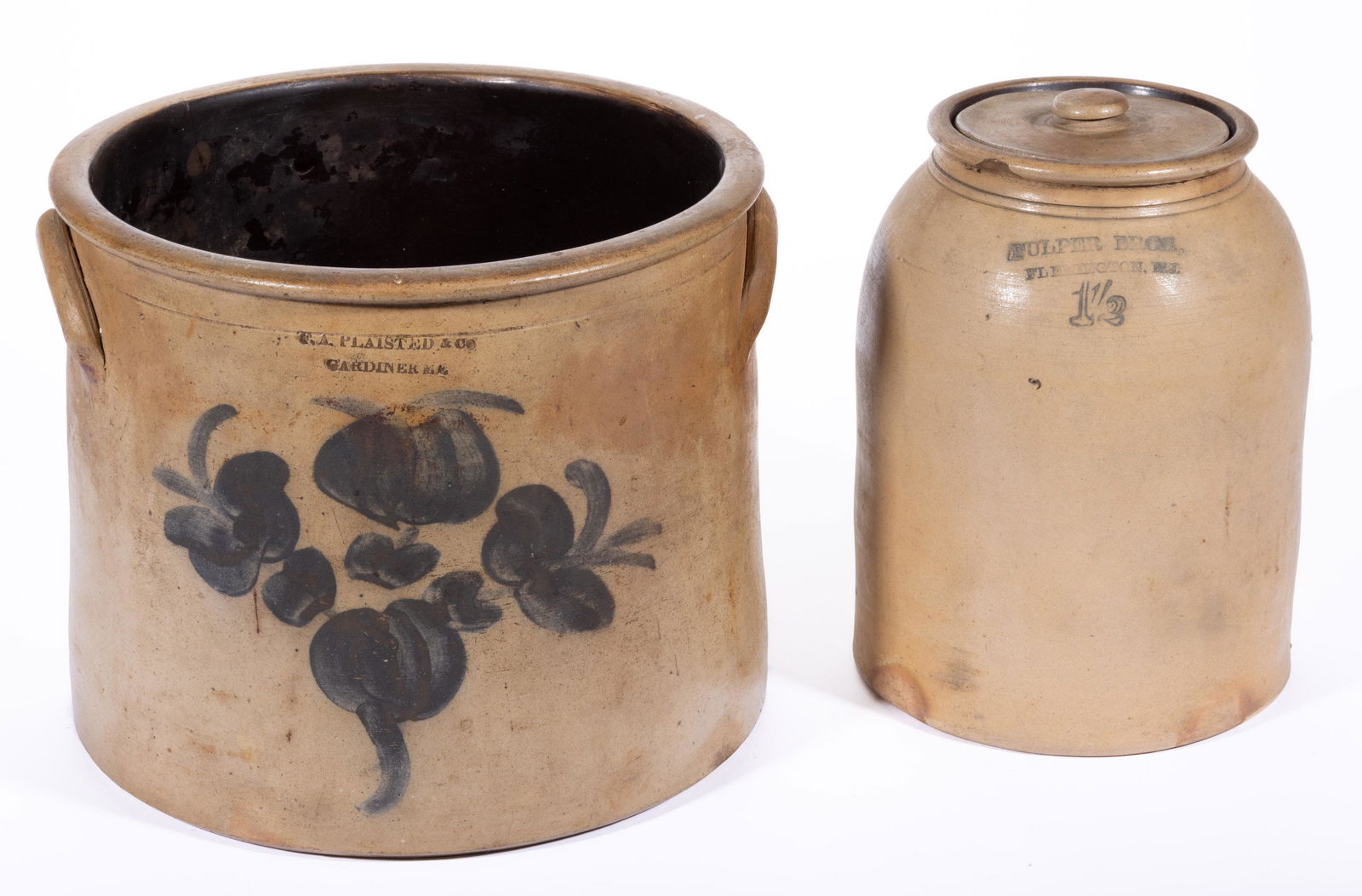 STAMPED "F.A. PLAISTED & CO / GARDINER ME", MAINE DECORATED STONEWARE CROCK, (1 of 4)