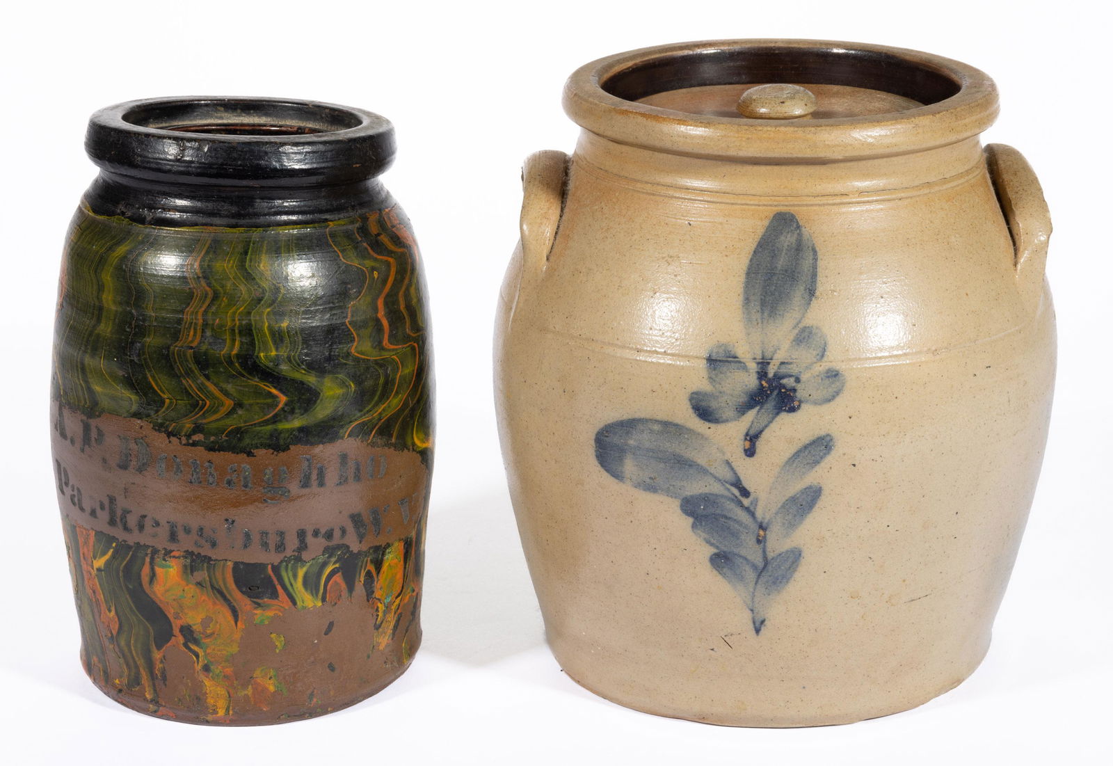 AMERICAN DECORATED STONEWARE JARS, LOT OF TWO, (1 of 5)