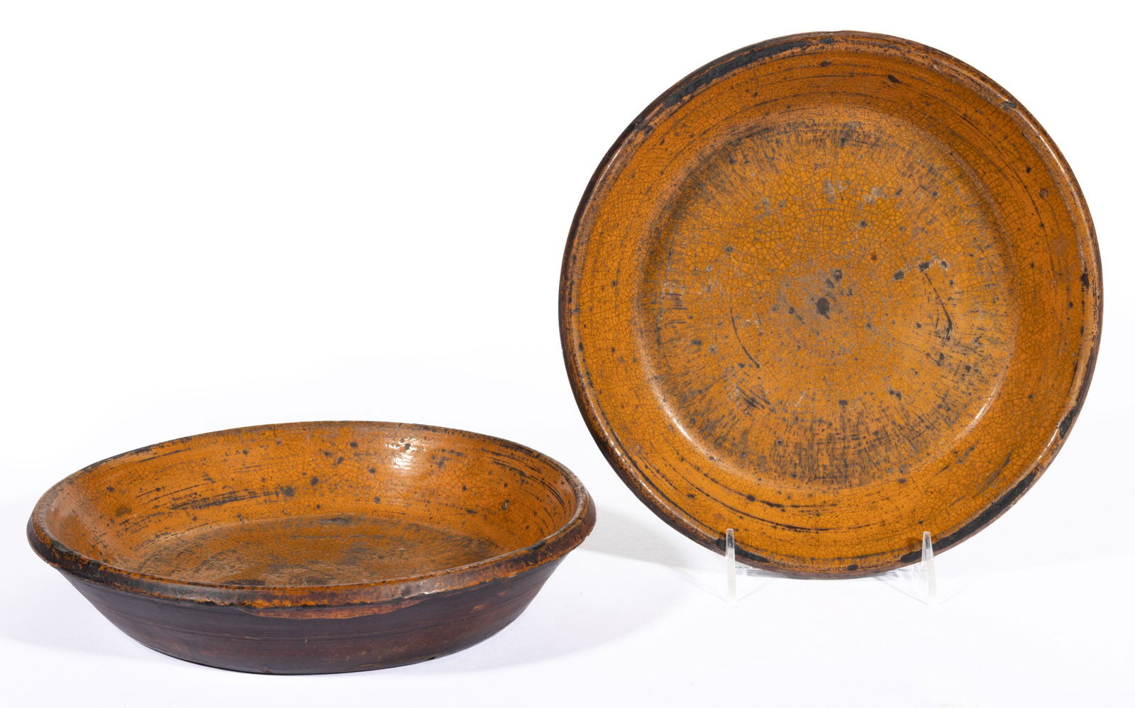 NORTH CAROLINA POTTERY / EARTHENWARE / REDWARE DIRT DISHES / PANS, LOT OF TWO, (1 of 3)