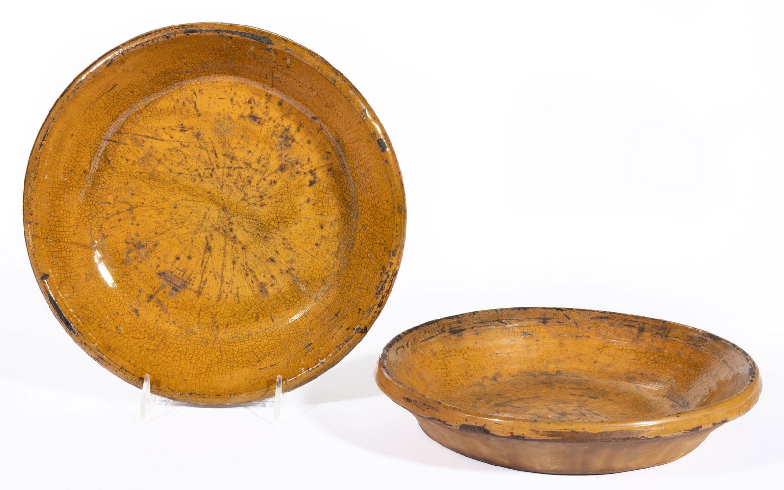 NORTH CAROLINA POTTERY / EARTHENWARE / REDWARE DIRT DISHES / PANS, LOT OF TWO, (1 of 3)