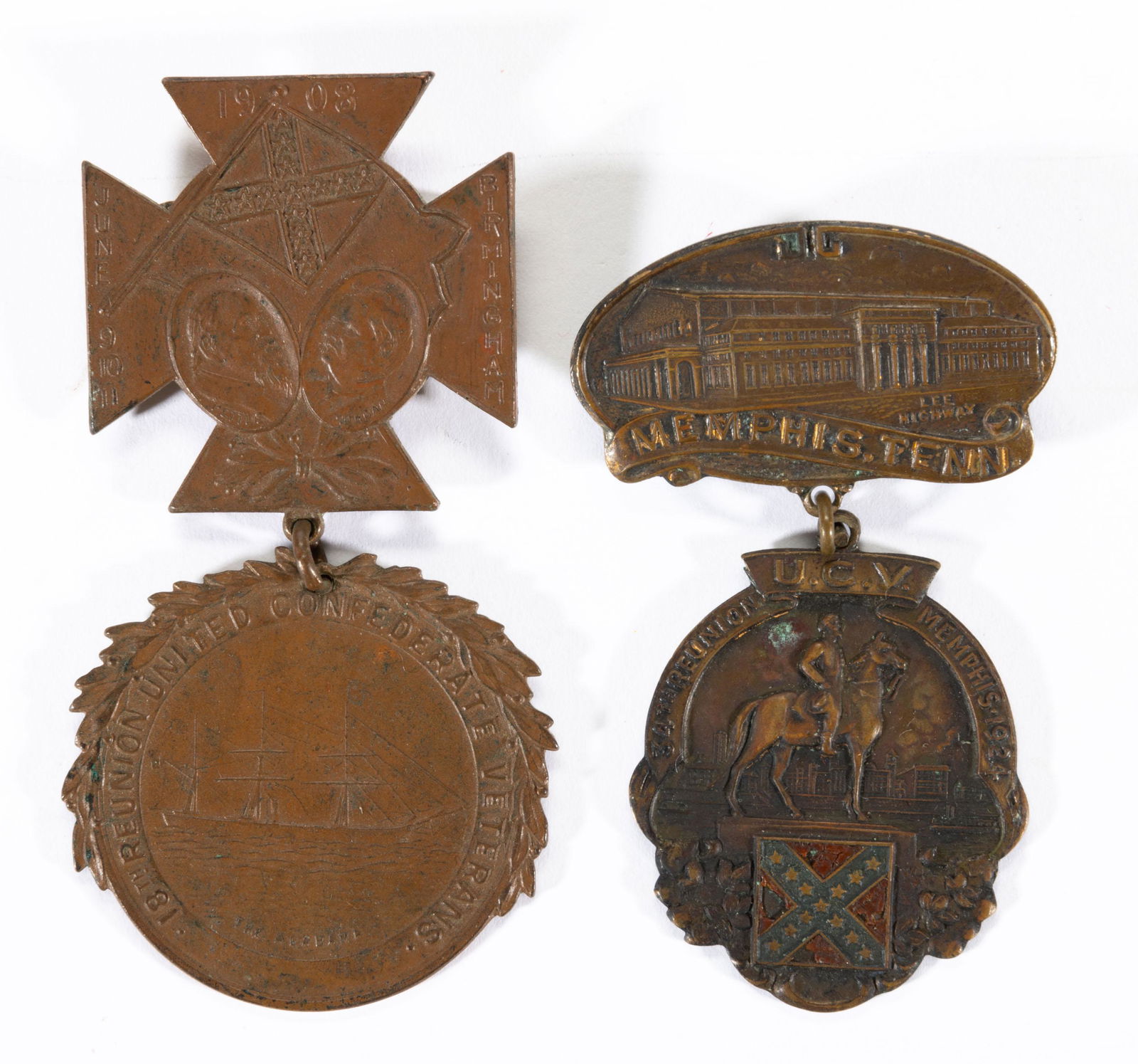 UNITED CONFEDERATE VETERANS REUNION BADGES, LOT OF TWO, (1 of 2)